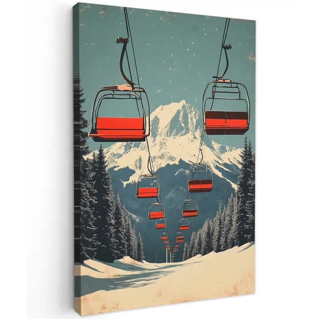 Sneeuw - Skilift - Rood - Bomen Tuinposter op houten frame 2 cm dik klein -3d