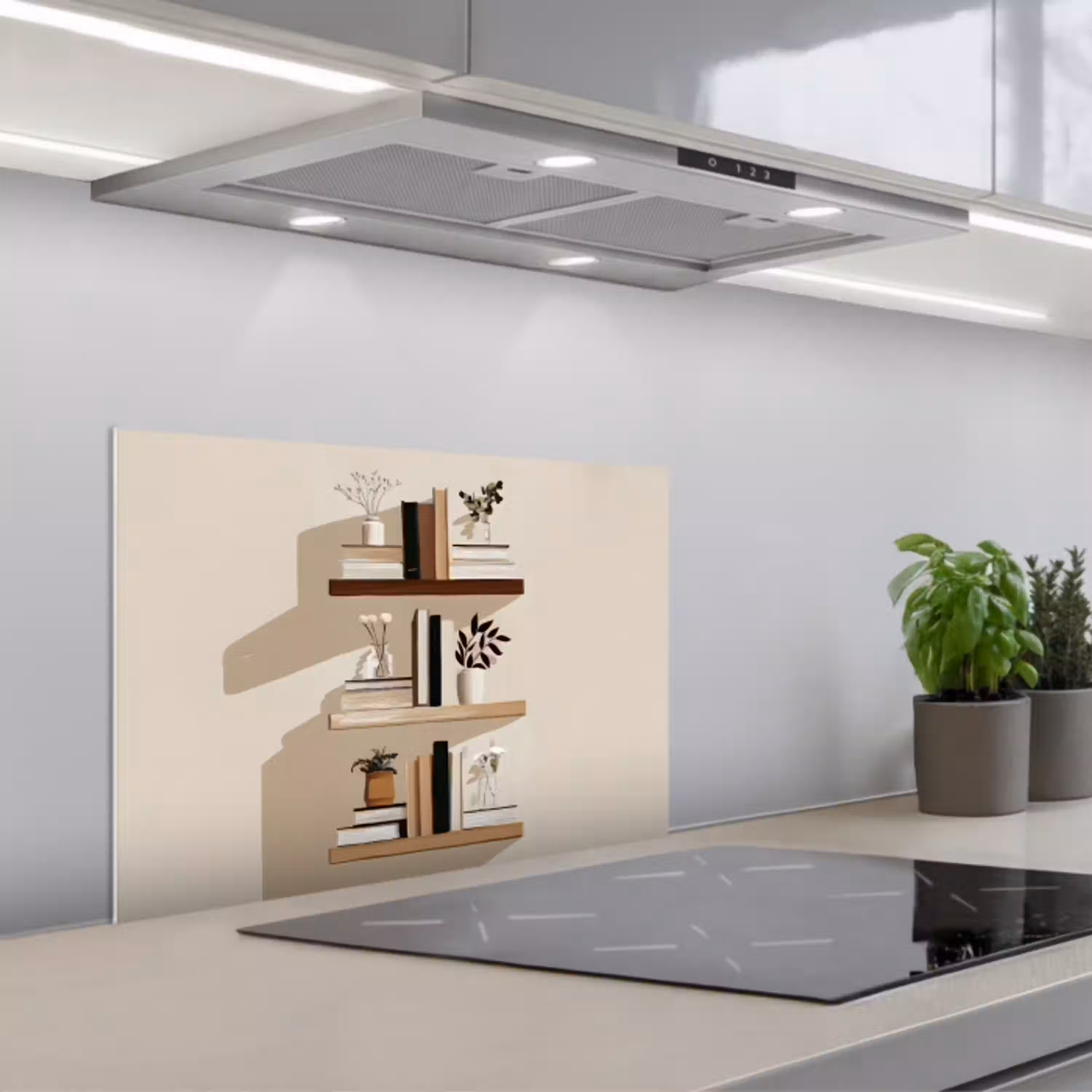 Plankjes - Boeken - Vaasjes - Planten keuken achterwand spatscherm klein -3d_schuin