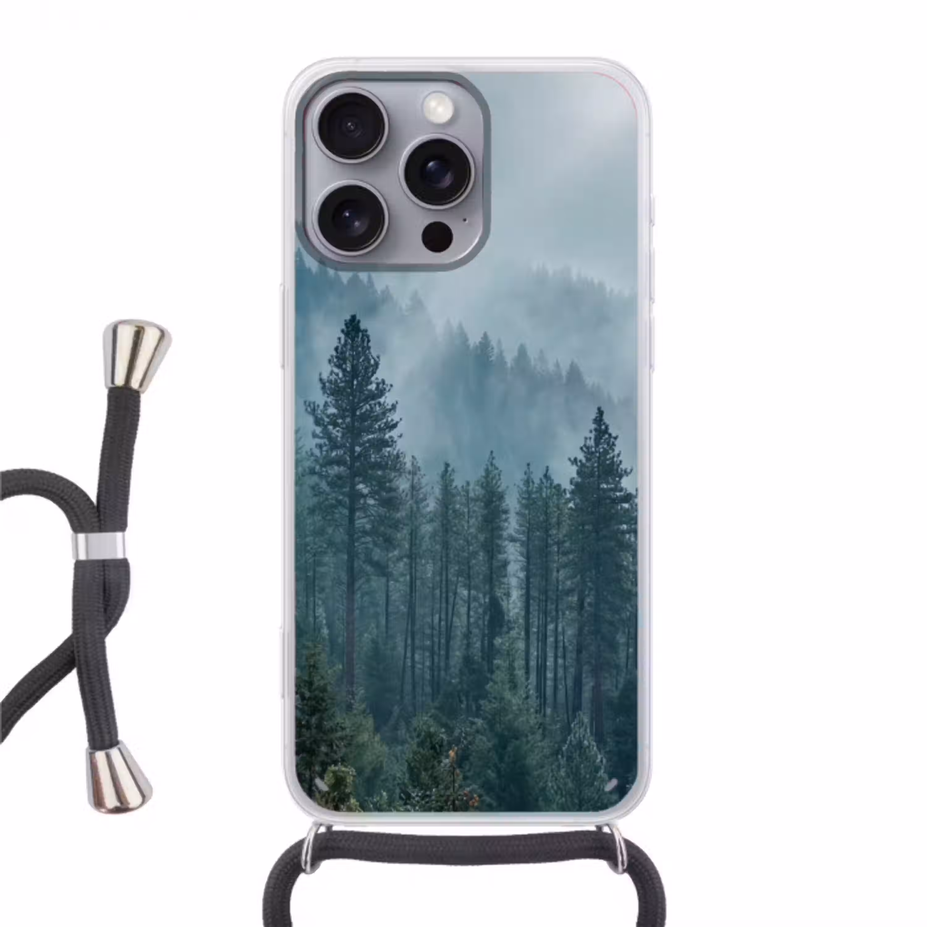 Naaldwoud - Bergen - Mist Hoesje iPhone 16 Pro Max met koord klein -3d