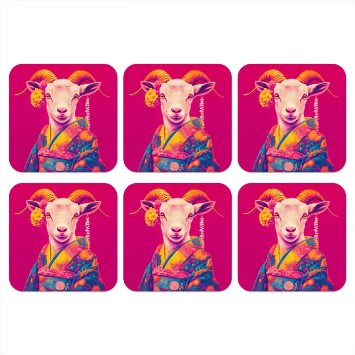 Geit - Hoorns - Kimono - Kleurrijk onderzetter kurk middel -3d
