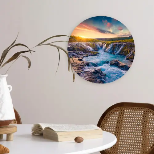 Waterval - Planten - Mos - Landschap - Zonsondergang - Rots Wandcirkel kunststof plaat 5mm dik klein -sfeer4