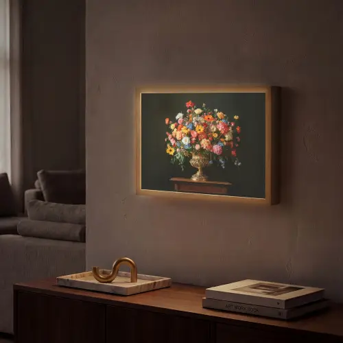 Goud - Bloemen - Kleuren - Vaas Light Box met batterij (Wandlamp) middel -sfeer1