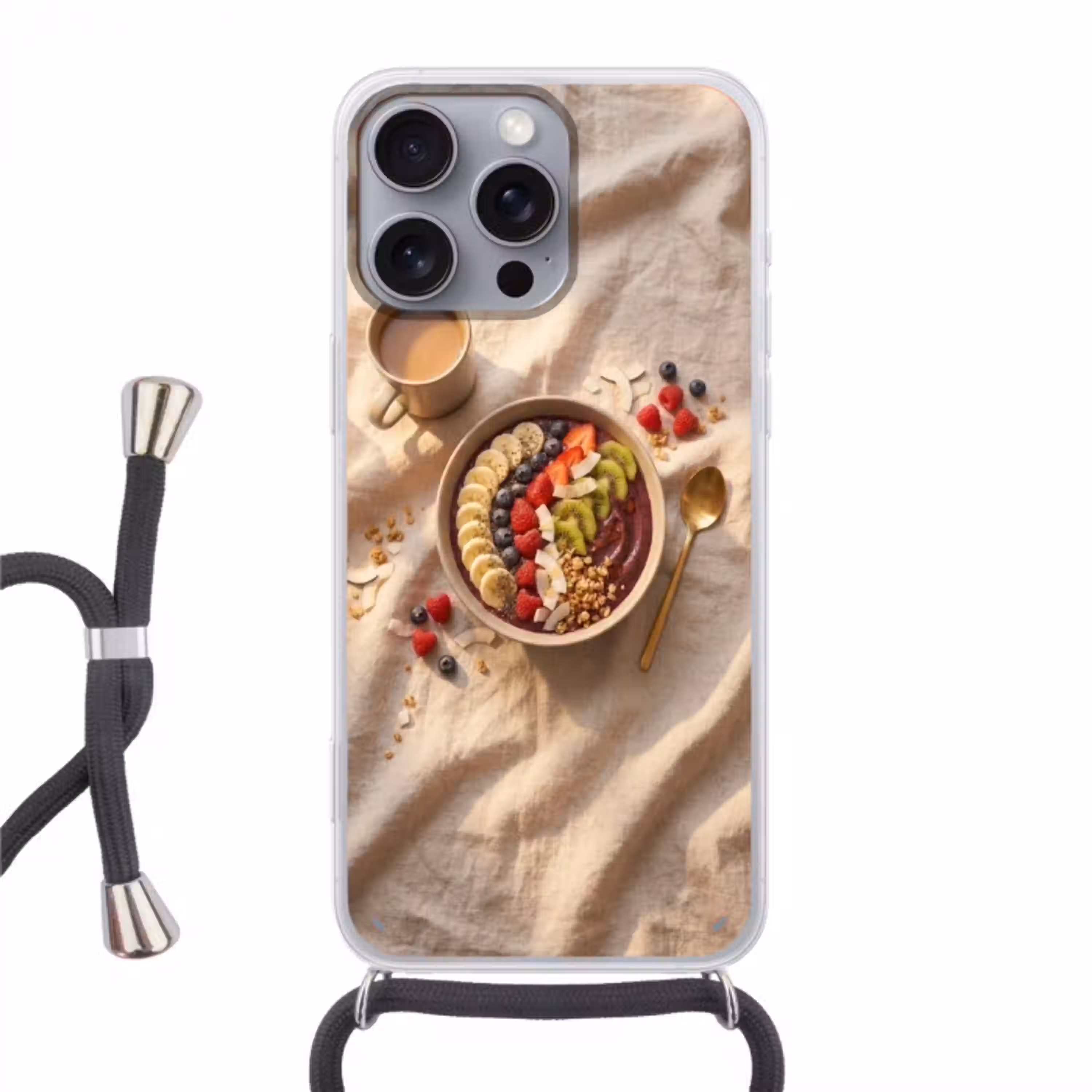 Eten - Ontbijtkom - Fruit - Gezond - Kleurrijk Hoesje iPhone 16 Pro Max met koord klein -3d