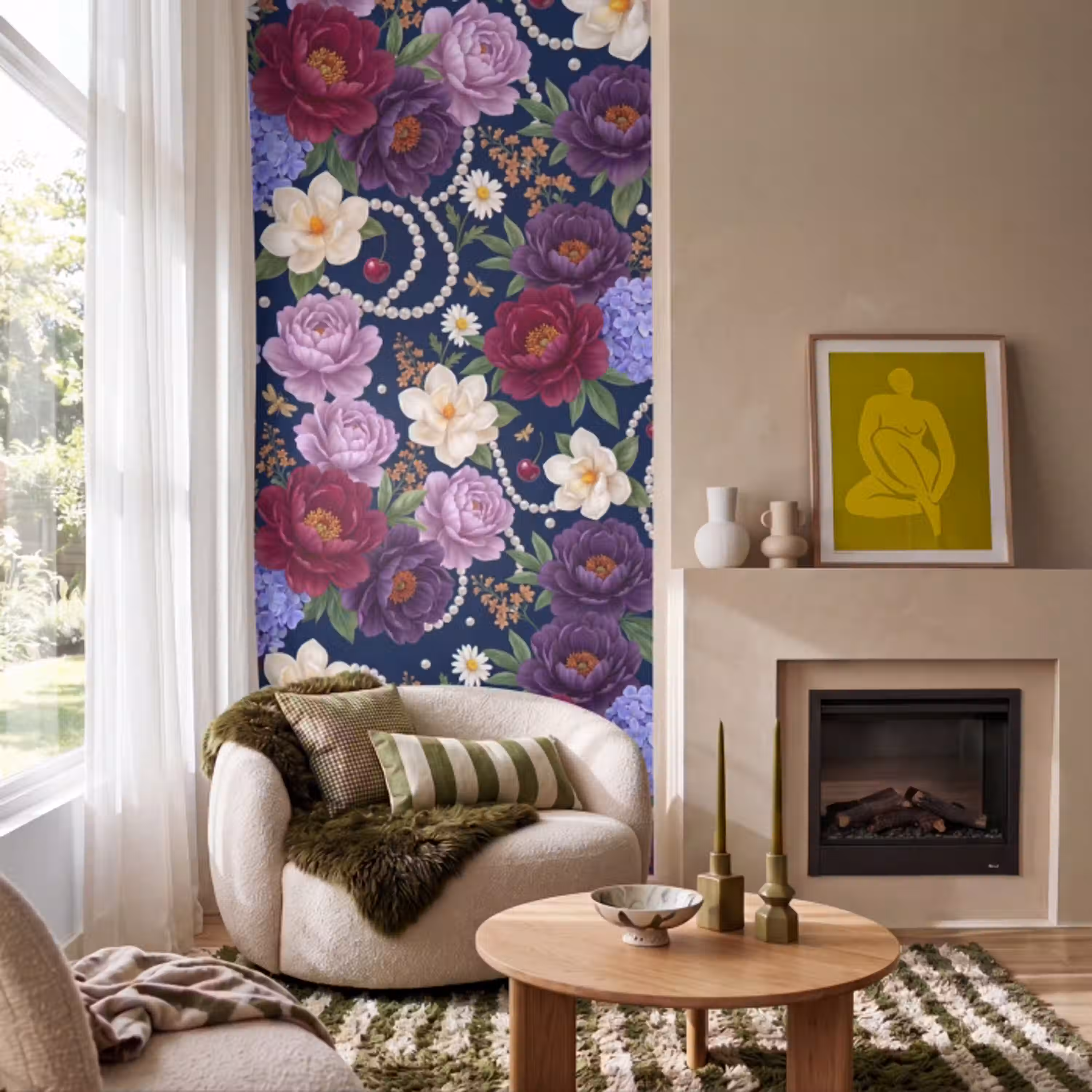Bloemen - Parels - Decoratie - Modern - Blauw Behang Vlies klein -sfeer2