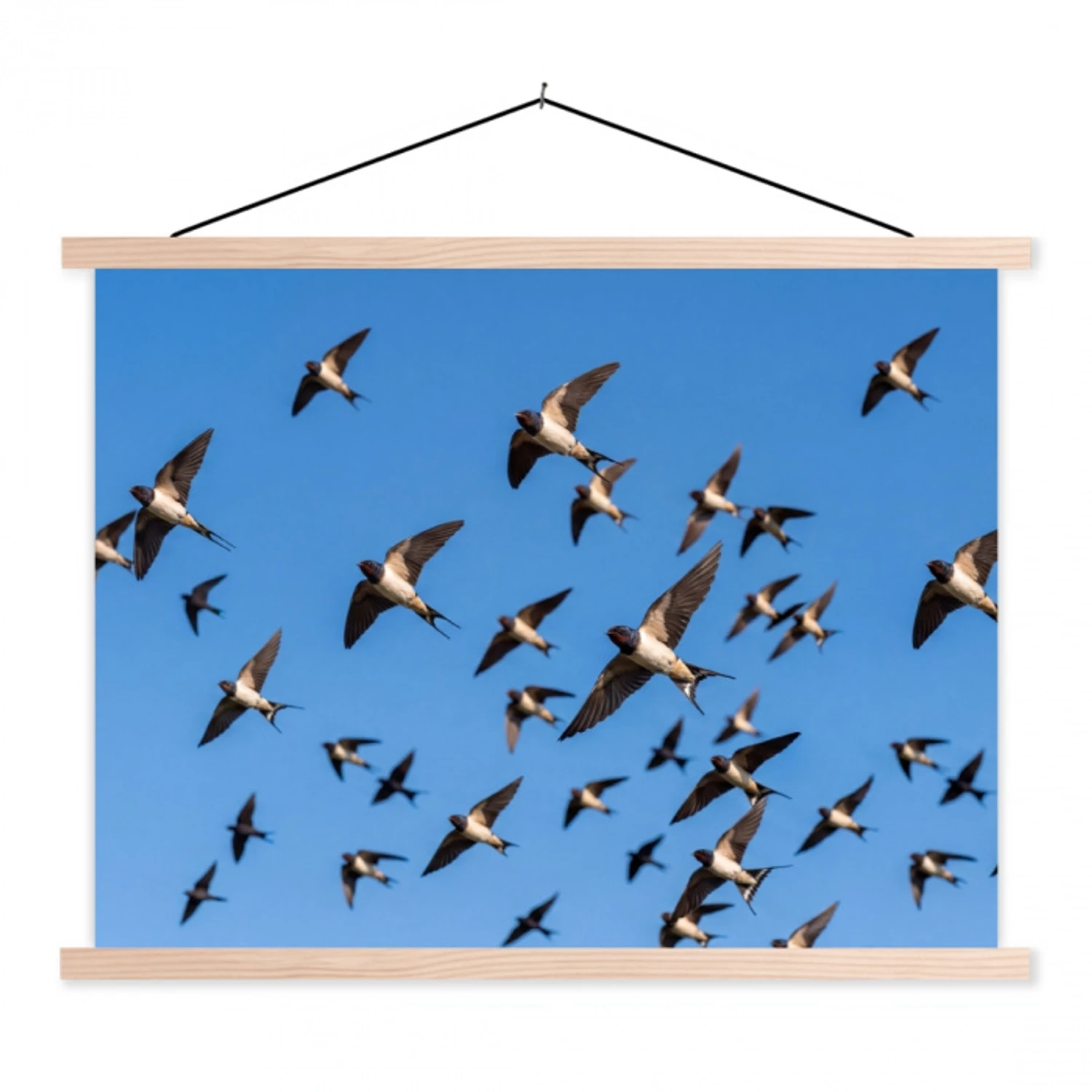 Zwaluwen - Vliegen - Blauw textielposter latten blank klein -3d
