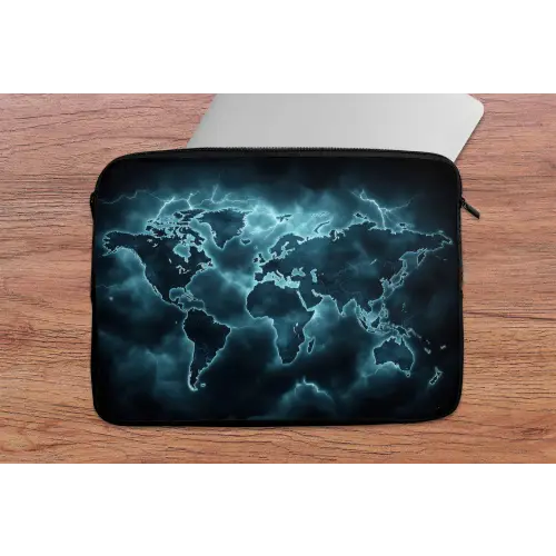 Wereldkaart - Bliksem - Blauw laptophoes neopreen klein -tafel