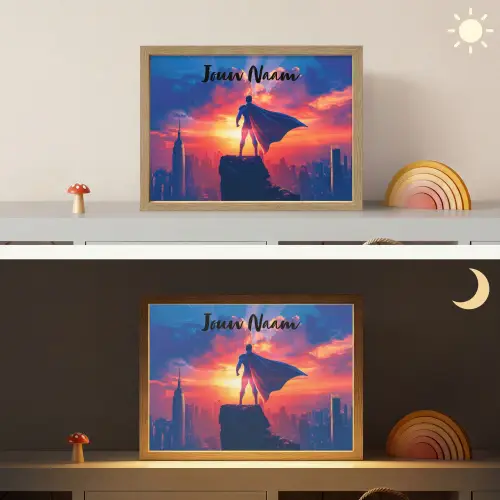 Superheld - Stad - Jongens - Kleurrijk - Zon Light Box met batterij (Wandlamp kind) middel -sfeer3_kind