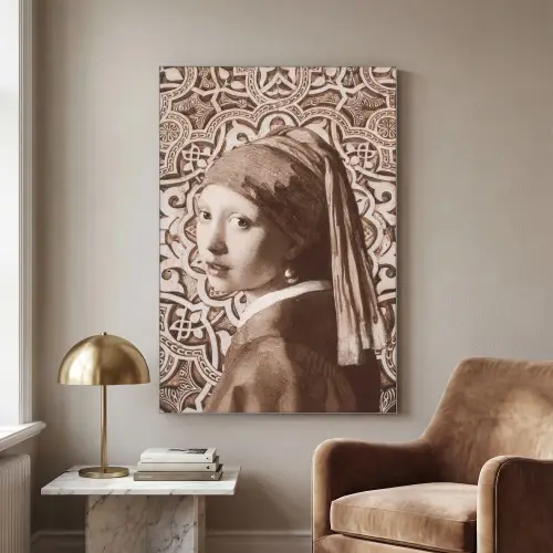 Meisje met de parel - Johannes Vermeer - Sepia Textielframe zilver middel -sfeer1