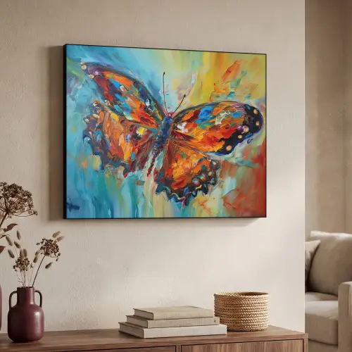 Vlinder - Kleuren - Kunst - Schilderij Textielframe zwart klein -sfeer3