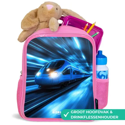 Supersnelle trein in neonblauwe tunnel Kinderrugzak - Roze middel -inhoud_NL