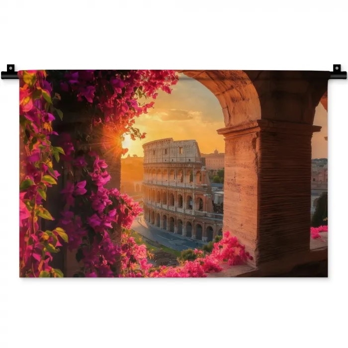 Colosseum - Rome - Roze Bloemen Wandkleed katoen klein -zz3d