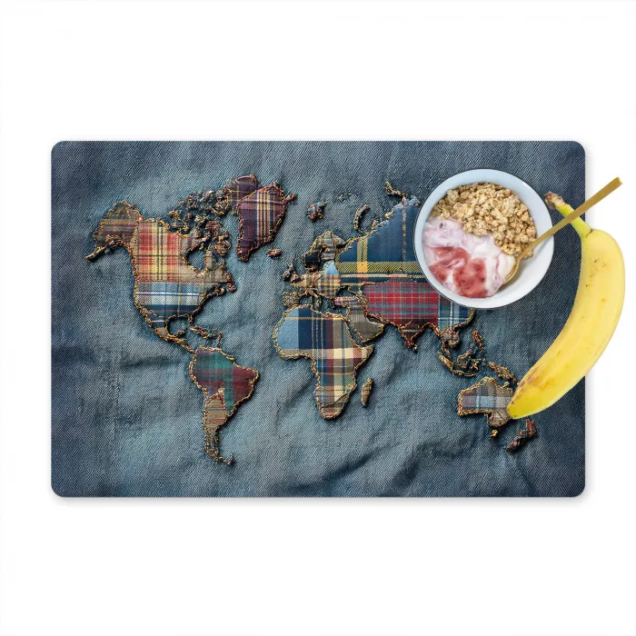 Wereldkaart - Denim - Textiel Placemat vinyl groot -zzzproduct_Kitchenyeah-website
