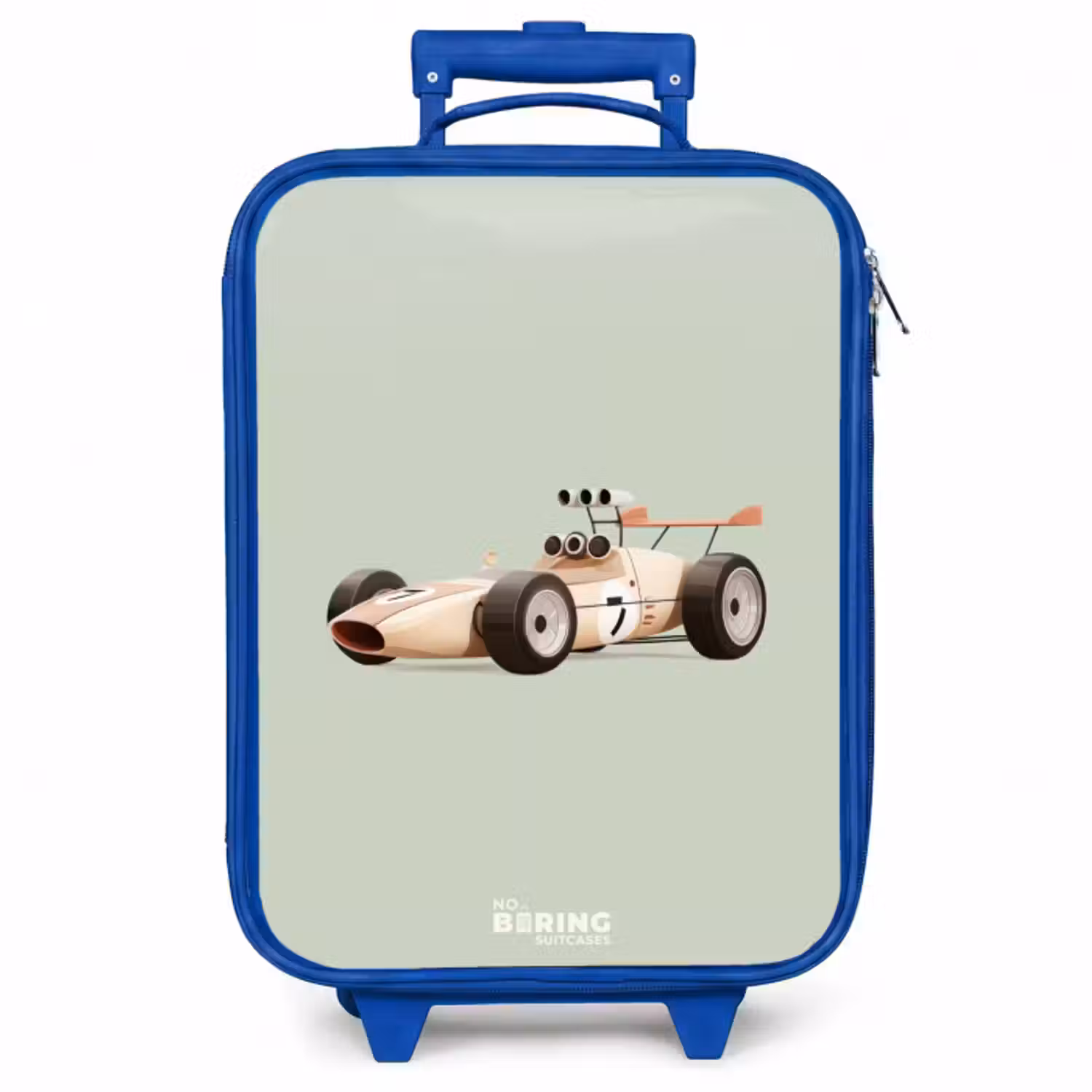 Kinderkoffer Blau - Beige Retro-Rennwagen auf grünem Hintergrund