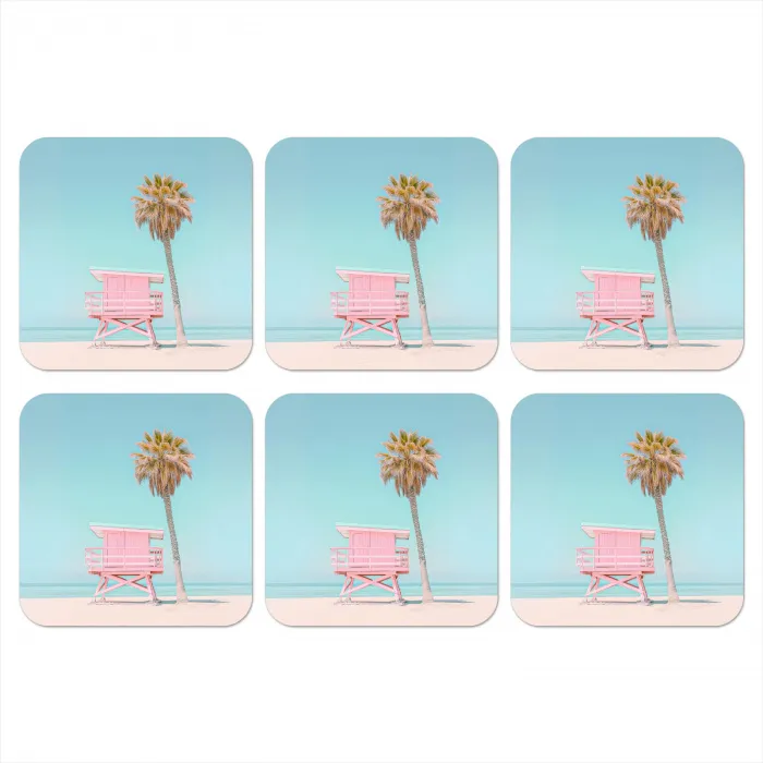 Palmboom - Strandhuis - Roze onderzetter kurk middel -3d