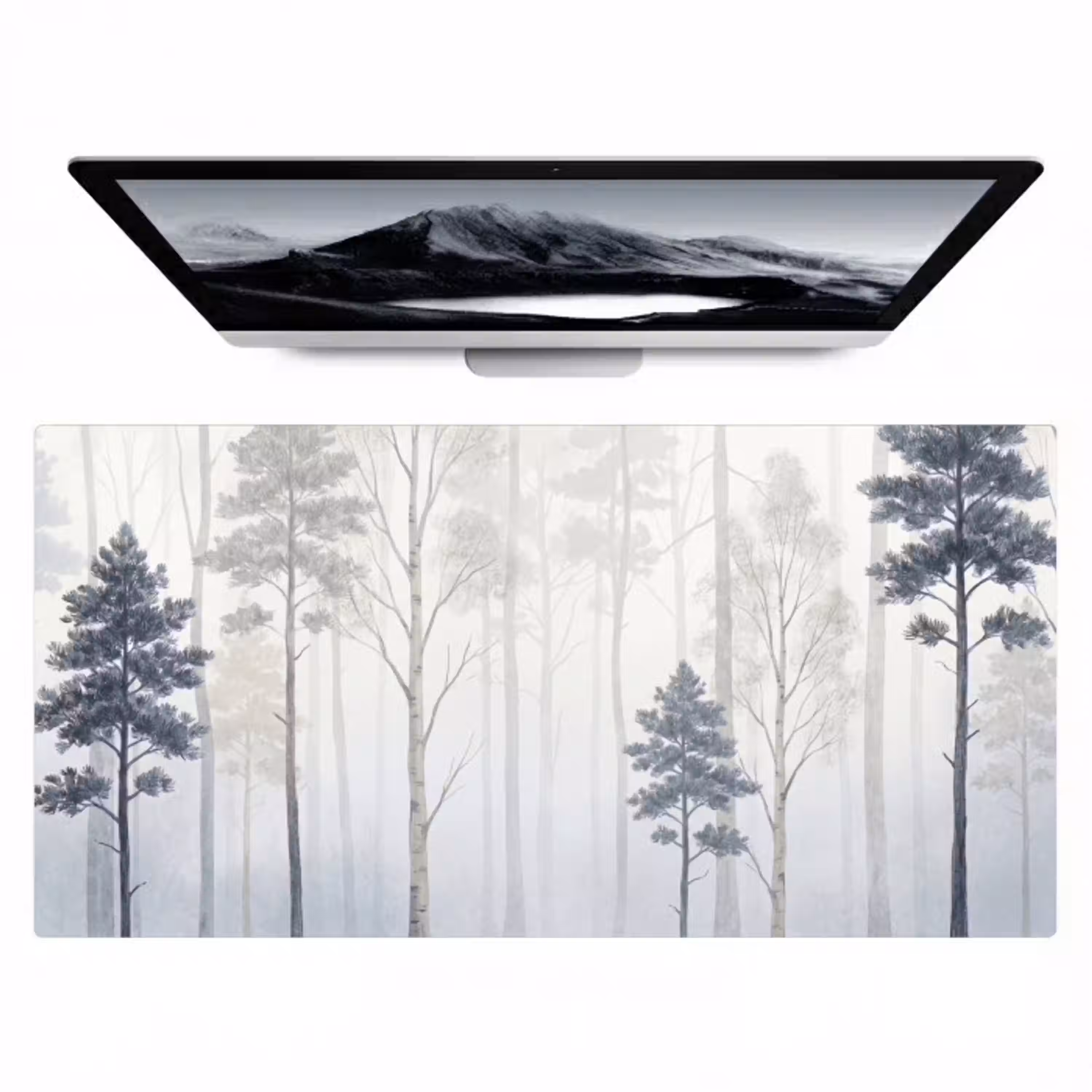 Bos - Bomen - Mist - Natuur - Illustratie - Grijs Muismat XXL klein -zzz3d