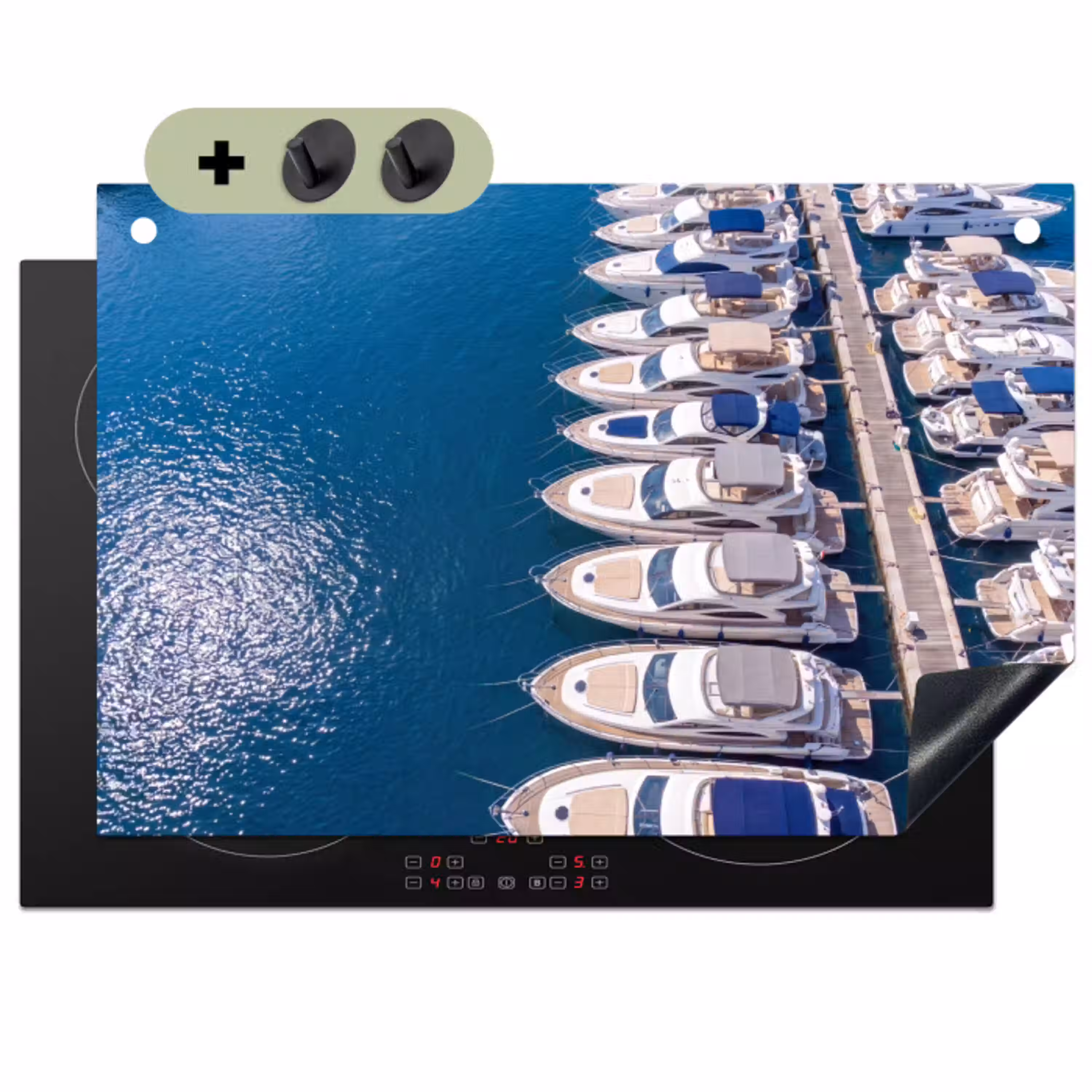 Boot - Jachthaven - Water - Zomer - Blauw Inductie beschemer met haakjes klein -3d