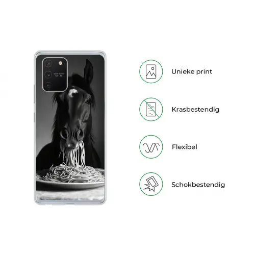 Paard - Bord - Pasta - Tafelkleed - Zwart Wit - Dieren Telefoonhoesje Samsung Galaxy S10 Lite klein -specsS10Lite