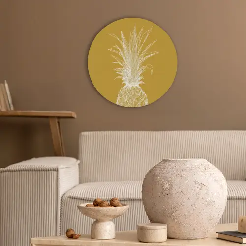Lijnillustratie - Ananas - Bladkroon - Okergeel Akoestische PET Vilt - Rond klein -sfeer1
