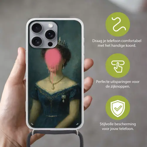Kroon - Roze druipend verf - Portret Hoesje iPhone 16 Pro Max met koord klein -sfeer2_NL