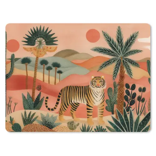 Tijger - Kleurrijk - Palmen - Cactus muismat rubber klein -3d