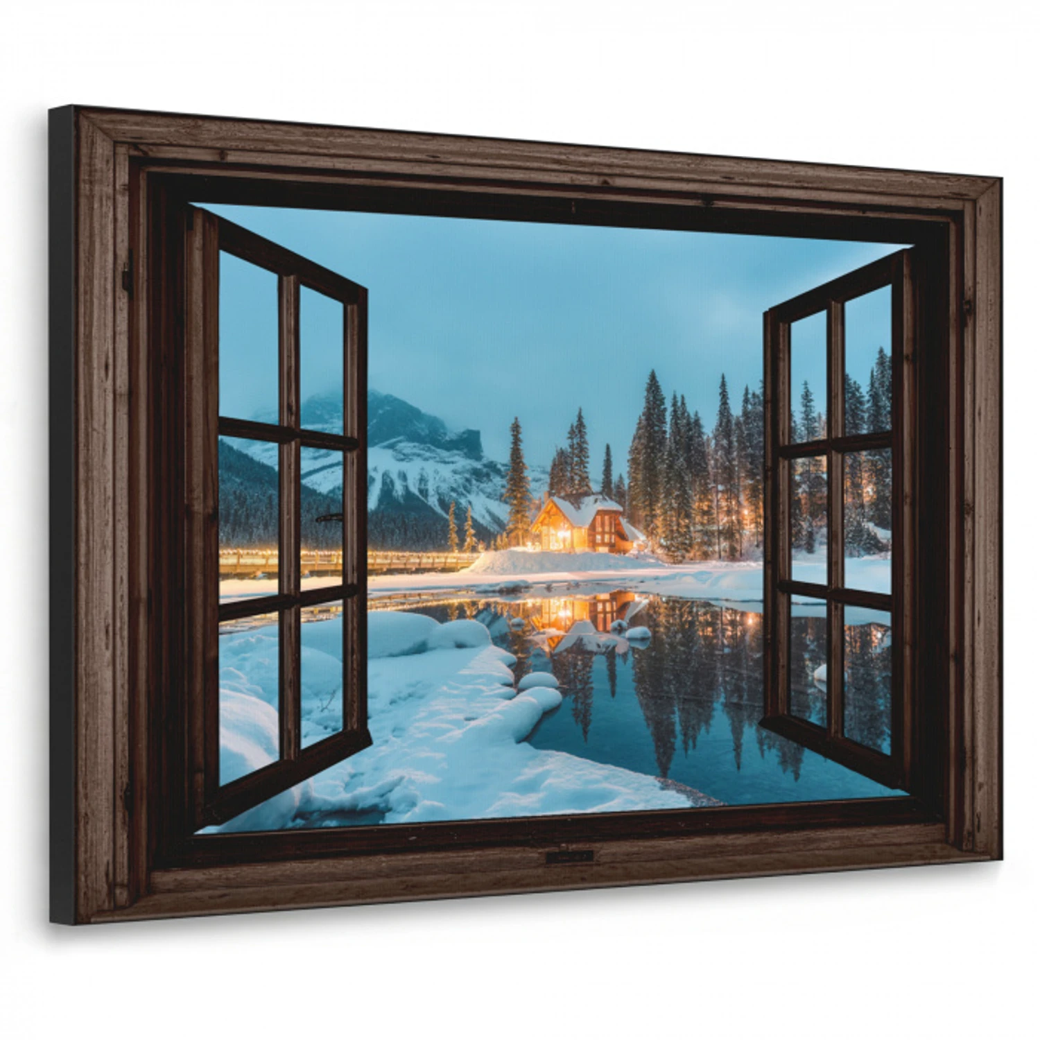 Doorkijk - Winter - Landschap - Natuur - Huis - Bergen Textielframe zwart klein -3d