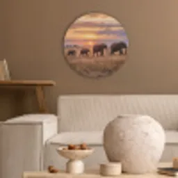Olifanten - Savanne - Zonsondergang - Afrika - Warm Akoestische PET Vilt - Rond klein -sfeer1