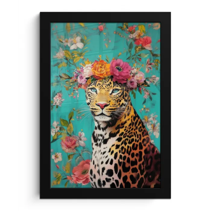 Luipaard - Bloemen - Kroon fotolijst zwart zonder passe partout klein -3d