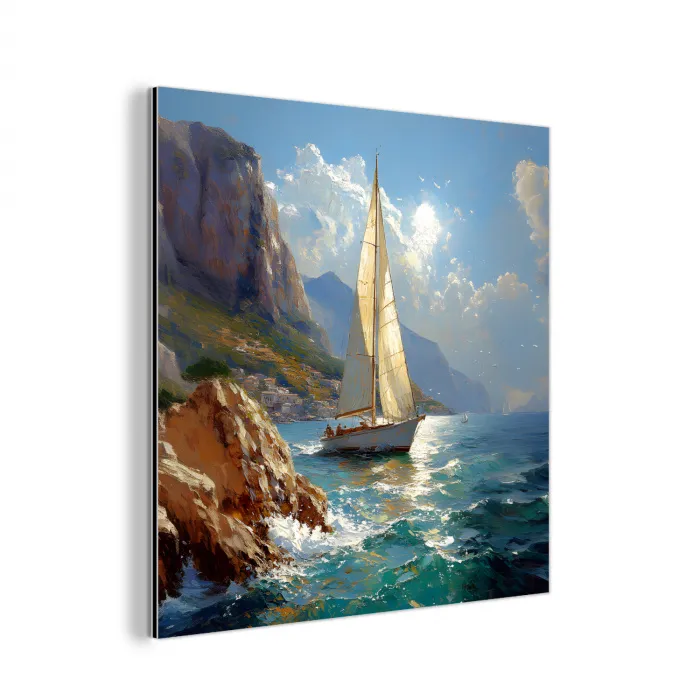 Zeilschip - Zee - Rotsen - Wolken aluminium wit klein -3d
