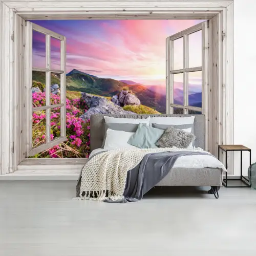 Bergen - Landschap - Doorkijk - Bloemen - Avond - Roze fotobehang vinyl groot -slaapkamer
