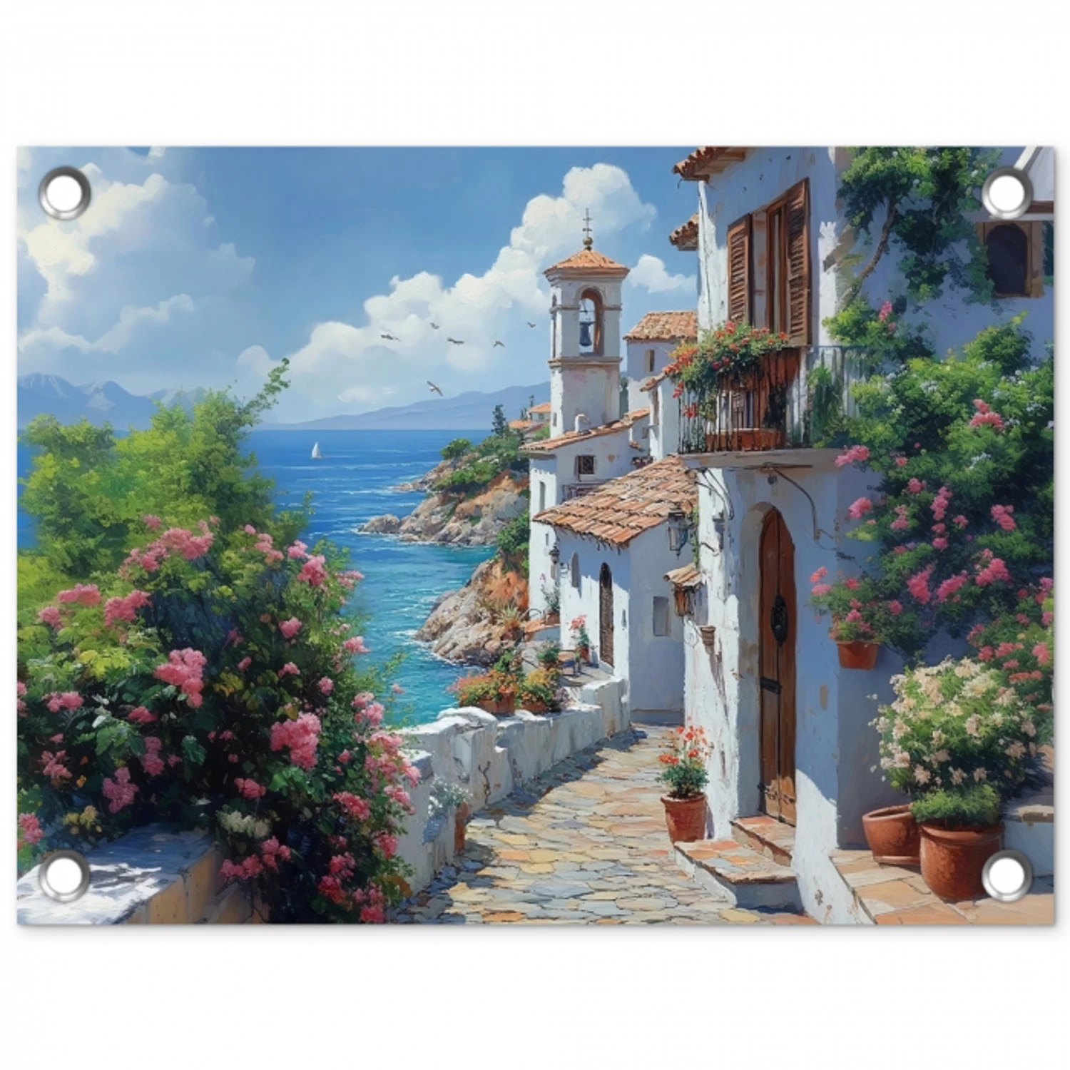 Huizen - Zee - Bomen - Bloemen tuinposter los doek klein -3d