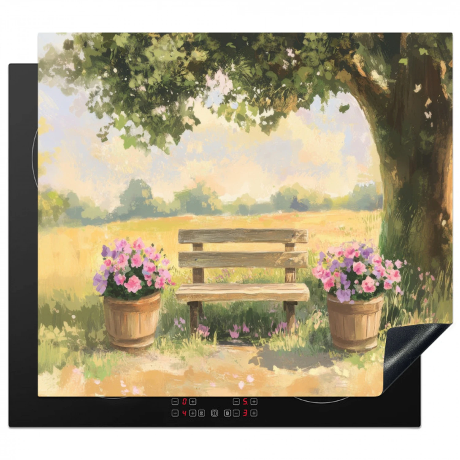 Houten bankje - Bloempotten - Landschap Inductie beschermer vinyl 3mm middel -3d