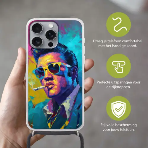 Portret - Sigaret - Kleurrijk - Bril Hoesje iPhone 16 Pro Max met koord klein -sfeer2_NL