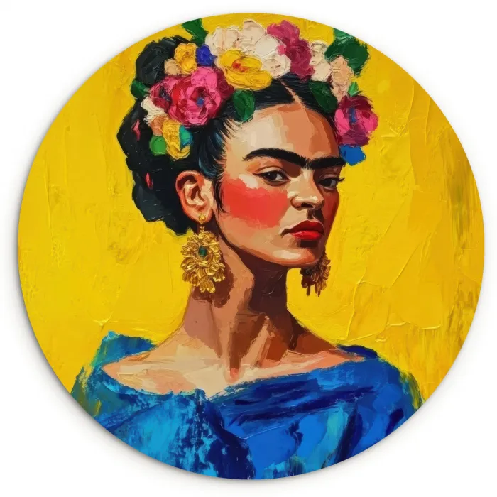 Frida Kahlo - Vrouw - Geel - Blauw - Bloemen Wandcirkel kunststof plaat 5mm dik klein -3d