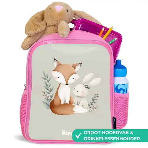 Vos en konijn omringd door groene blaadjes Kinderrugzak - Roze middel -inhoud_NL