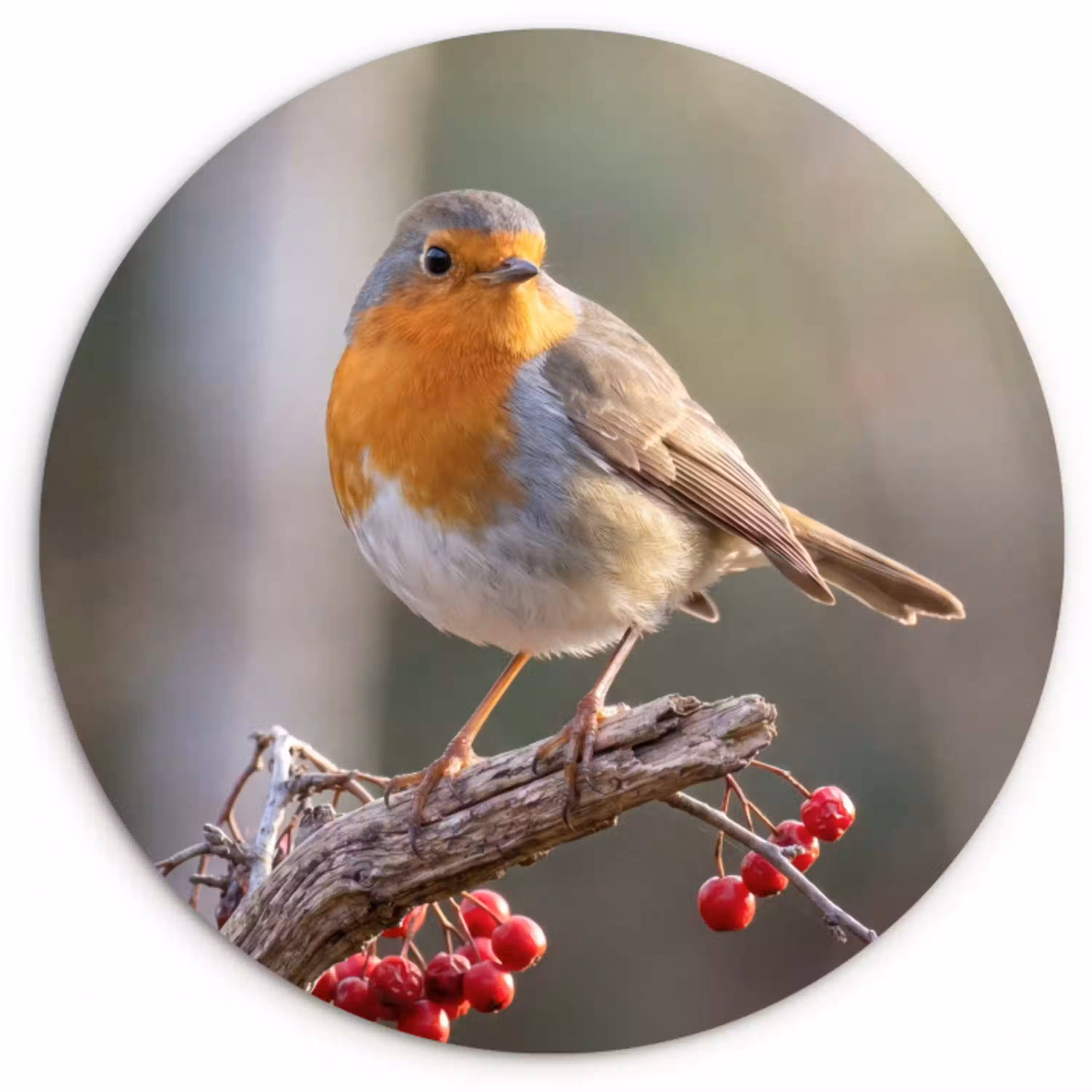 Roodborst - Tak - Bessen - Natuur Wandcirkel kunststof plaat 5mm dik klein -3d