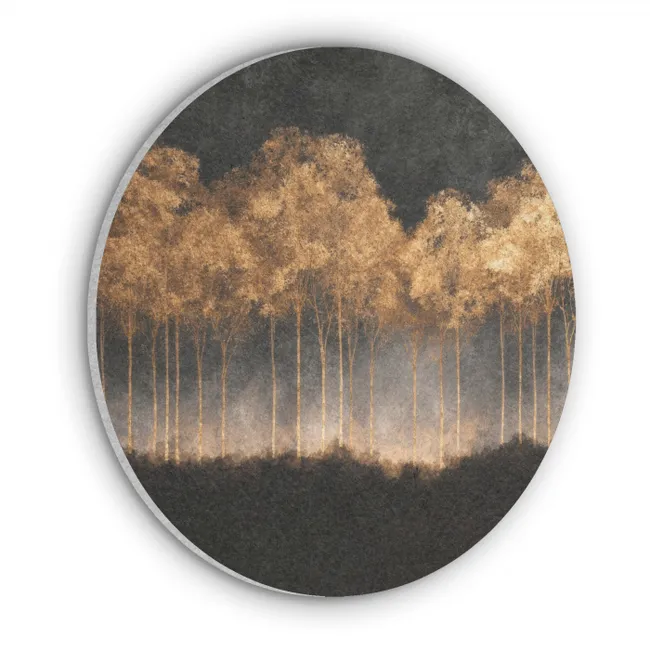 Akoestisch schilderij rond - Gouden Bomen in Mistig Landschap