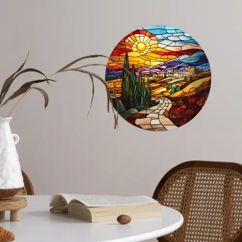 Mozaïek - Zon - Landschap - Dorp Wandcirkel behangsticker klein -sfeer3