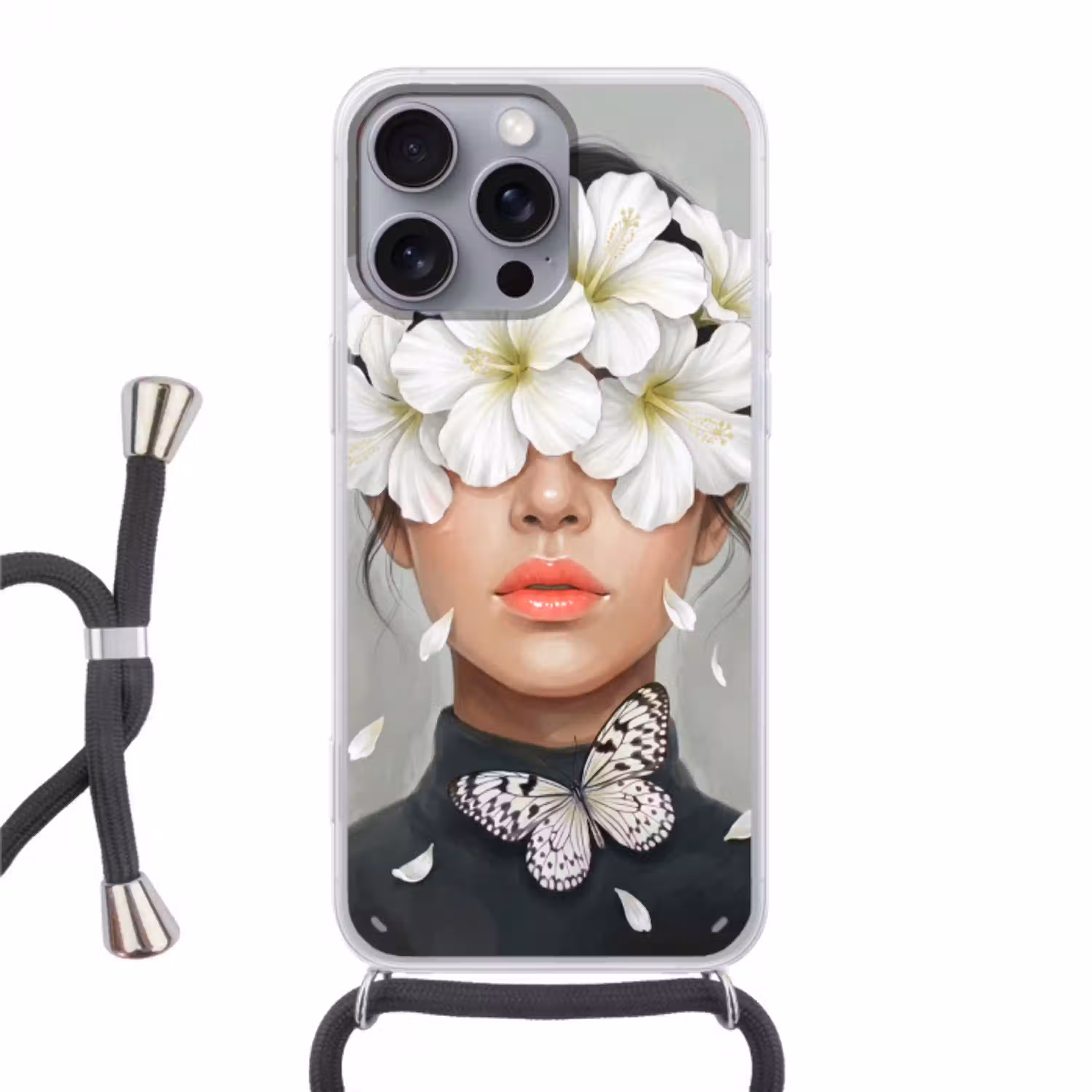 Lelies - Portret - Wit Hoesje iPhone 16 Pro Max met koord klein -3d