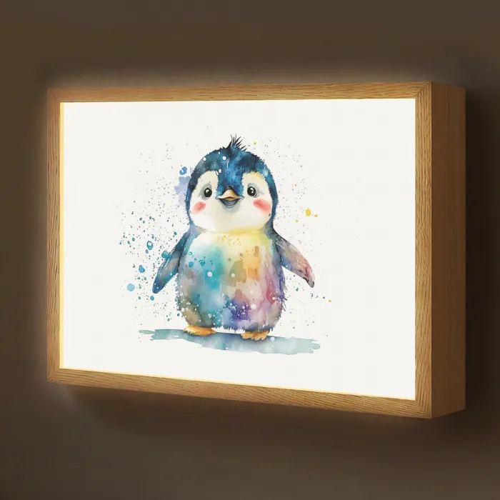 Pinguïn - Regenboog - Waterverf - Dieren - Kinderen Light Box met batterij (Wandlamp kind) middel -z3d_website