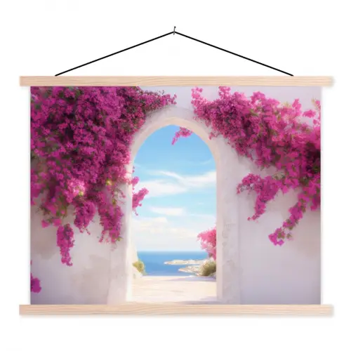 Zee - Roze - Bloemen - Poort textielposter latten blank klein -3d