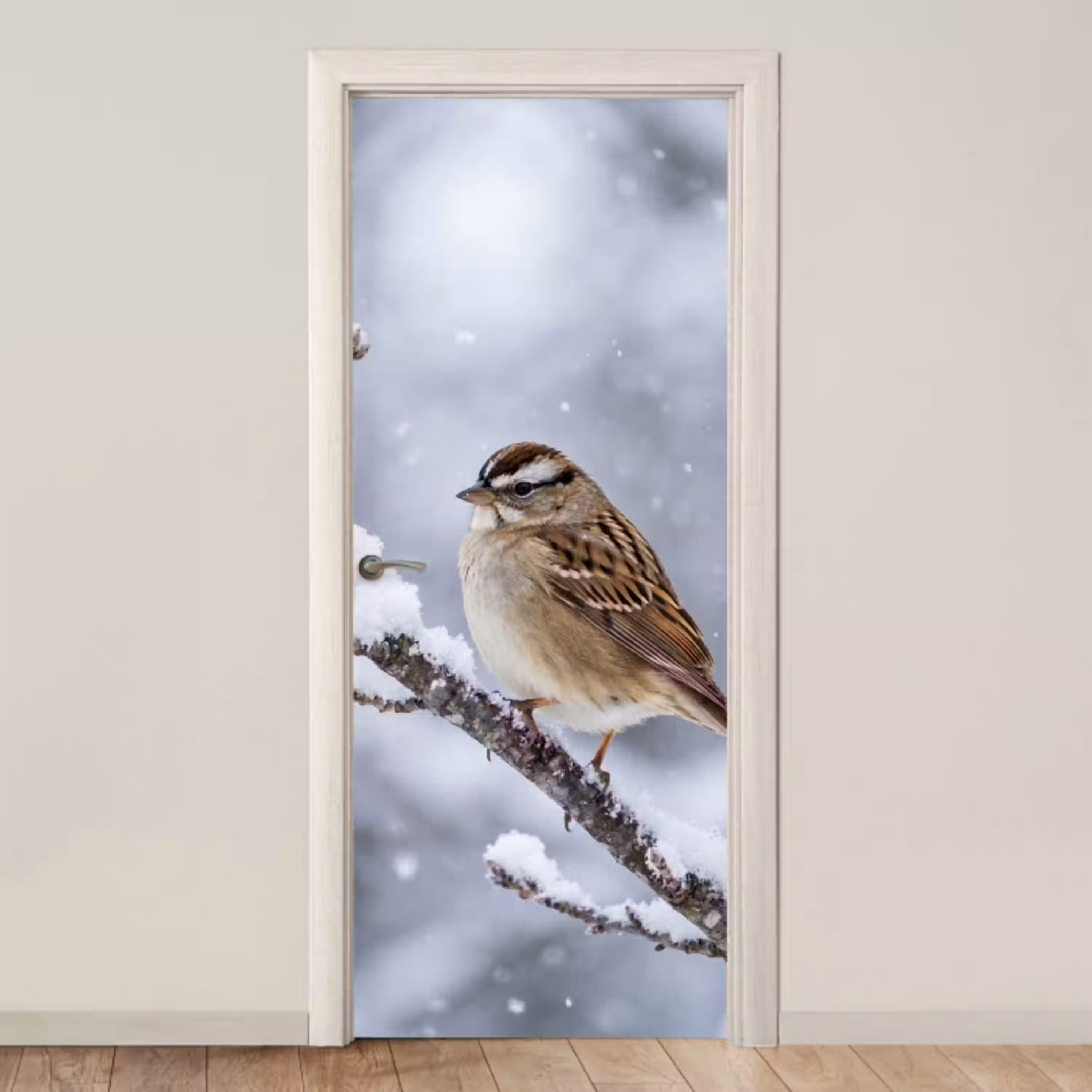 Vogel - Tak - Sneeuw - Winter deurposter klein -3d_beige
