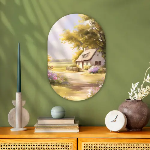 Huisje - Hout - Bloemen Wandcirkel Ovaal Forex klein -sfeer2
