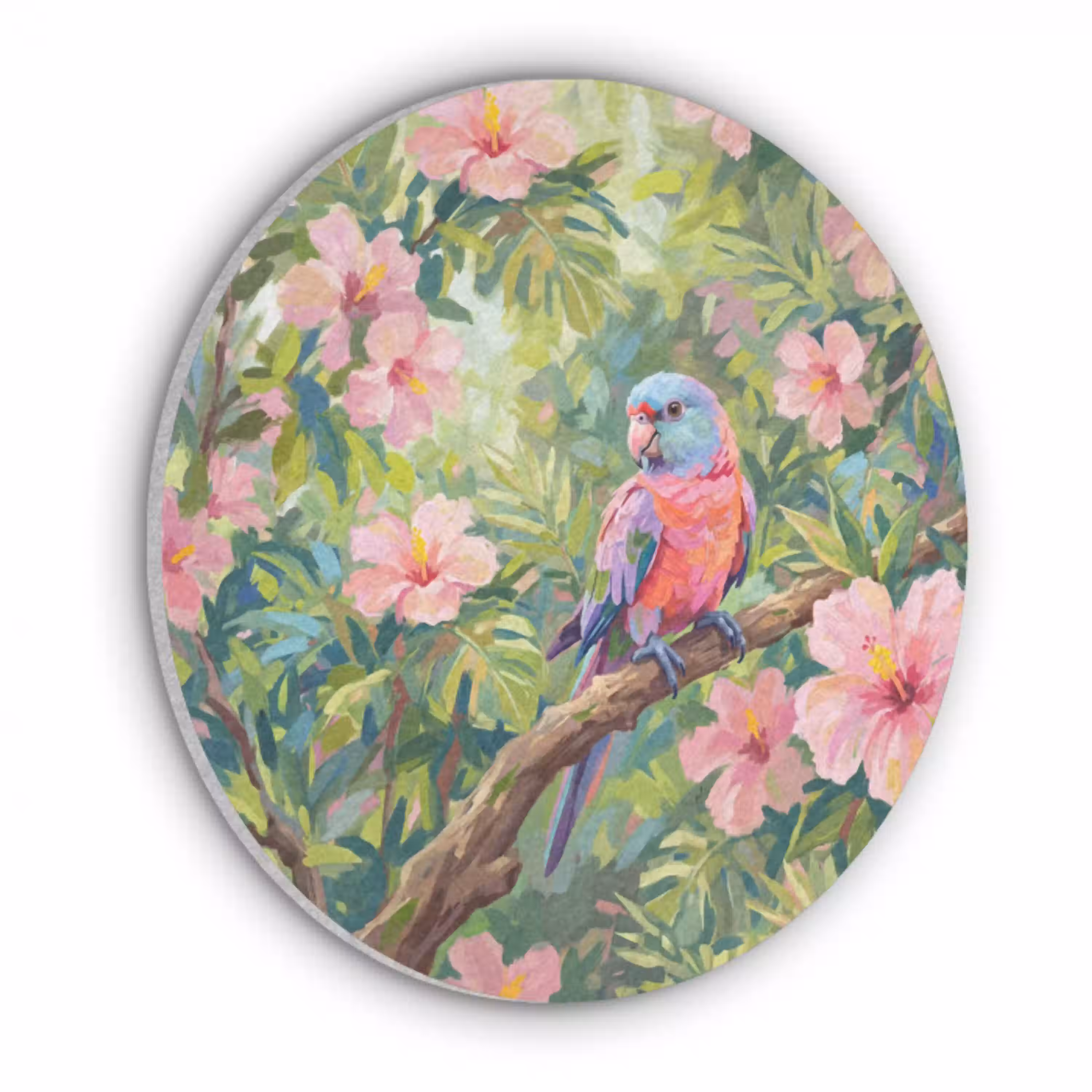 Papagaai - Hibiscusbloemen - Kleurrijk Akoestische PET Vilt - Rond klein -3d