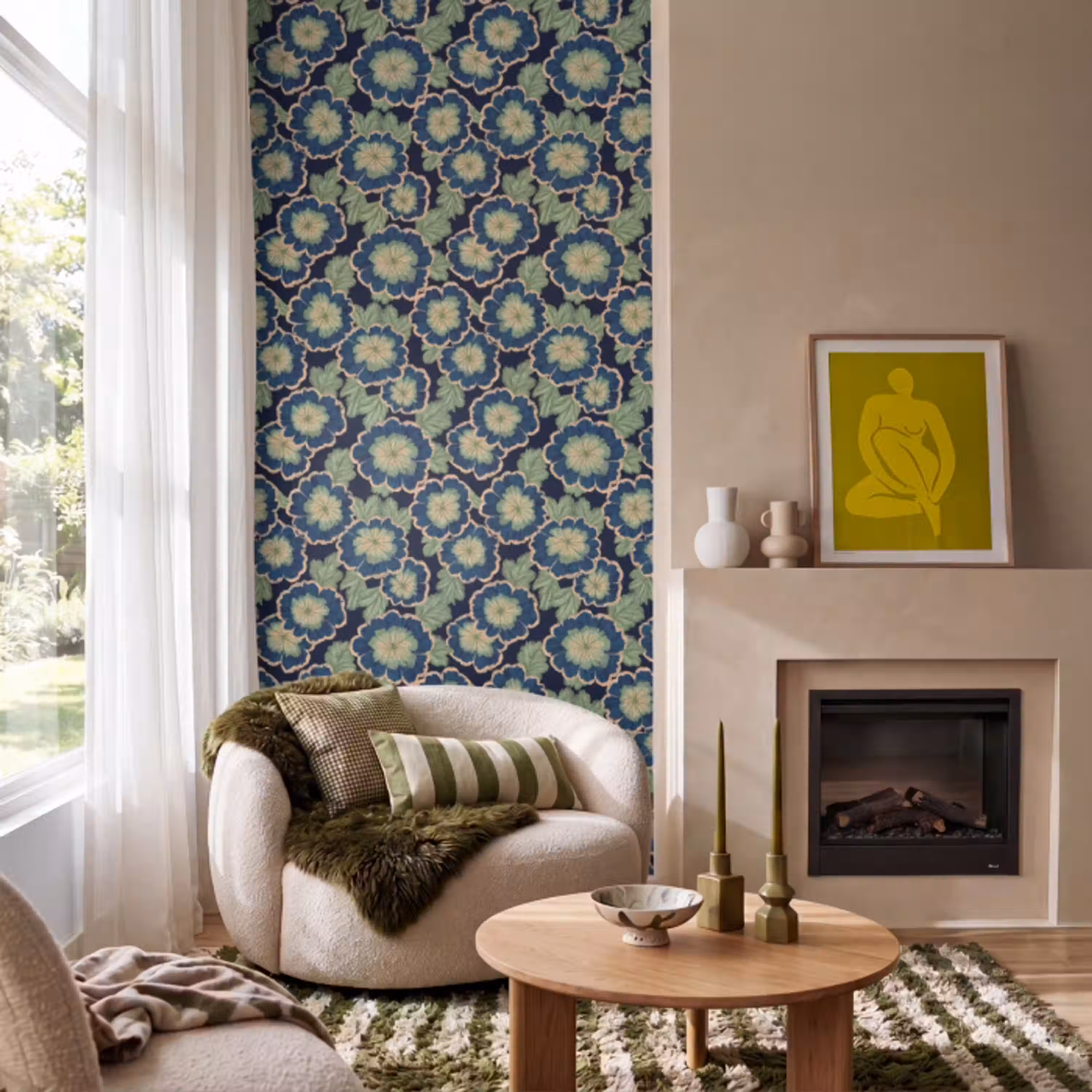 Bloemen - Borduurwerk - Patroon - Blauw - Groen Behang Vlies klein 1076 -sfeer2