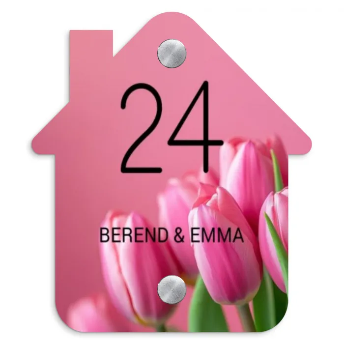 Roze tulpen - Klassiek Naambord Huisje klein -3d
