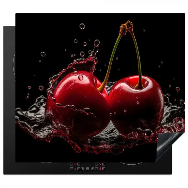 Kersen - Rood - Fruit - Water - Zwart Inductie beschermer vinyl 3mm middel -3d