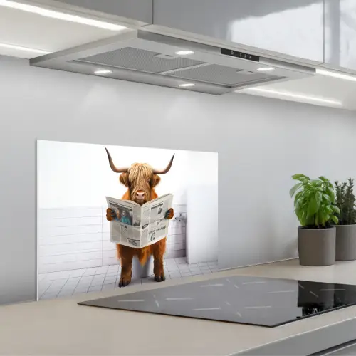 Schotse hooglander - Krant - Toilet - WC - Wit - Koe keuken achterwand spatscherm klein -3d_schuin