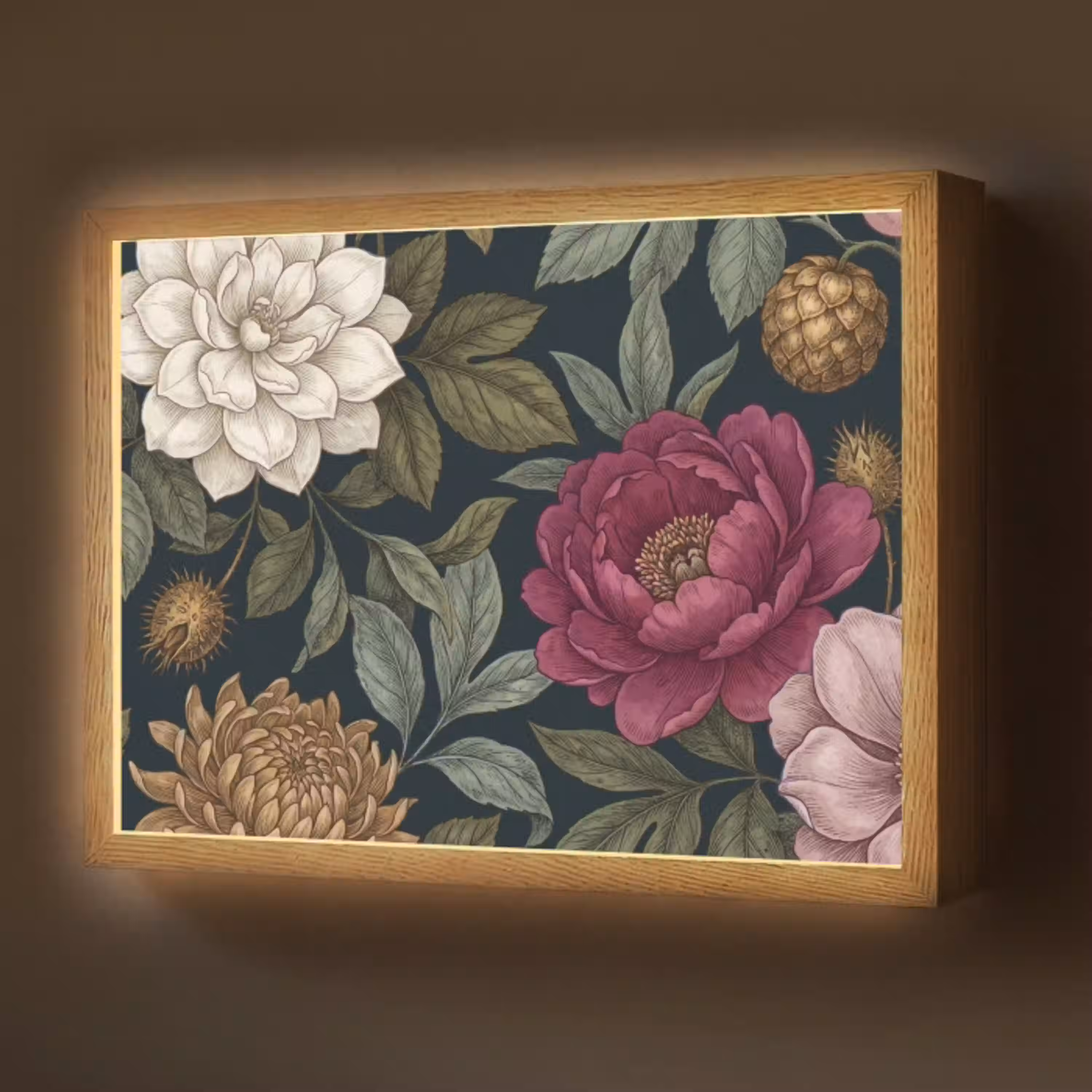 Bloemen - Botanisch - Illustratie - Donker - Vintage Light Box met batterij (Wandlamp) middel -z3d_website