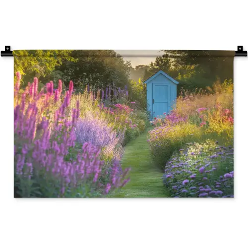 Tuinhuisje - Blauw - Bloemen Wandkleed katoen klein -zz3d