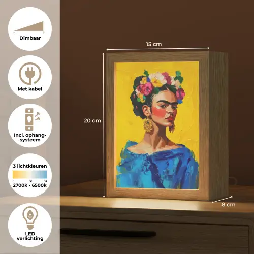 Frida Kahlo - Vrouw - Geel - Blauw - Bloemen Light Box met kabel (Tafellamp) klein -USP_NL